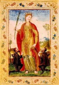 Miniatura di Santa Caterina d'Alessandria, patrona dei corrieri postali, sul frontespizio della Mariegola
