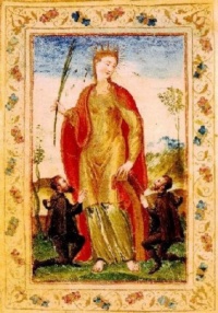 Miniature of Saint Catherine of Alexandria, patroness of postal couriers, on the title page of the Mariegola 